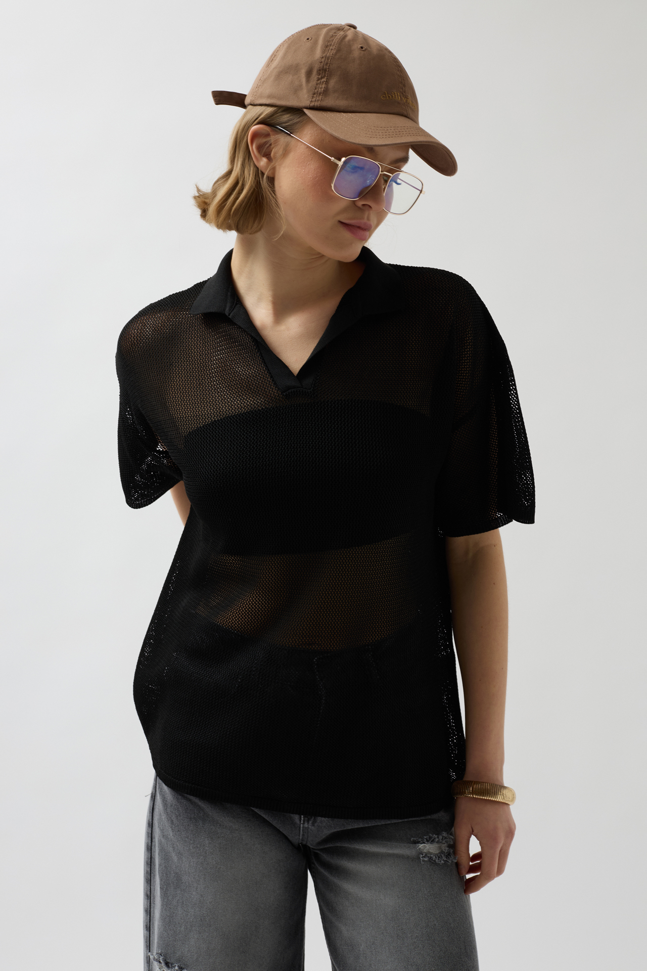 Polo Yaka Transparan T-Shirt - Siyah