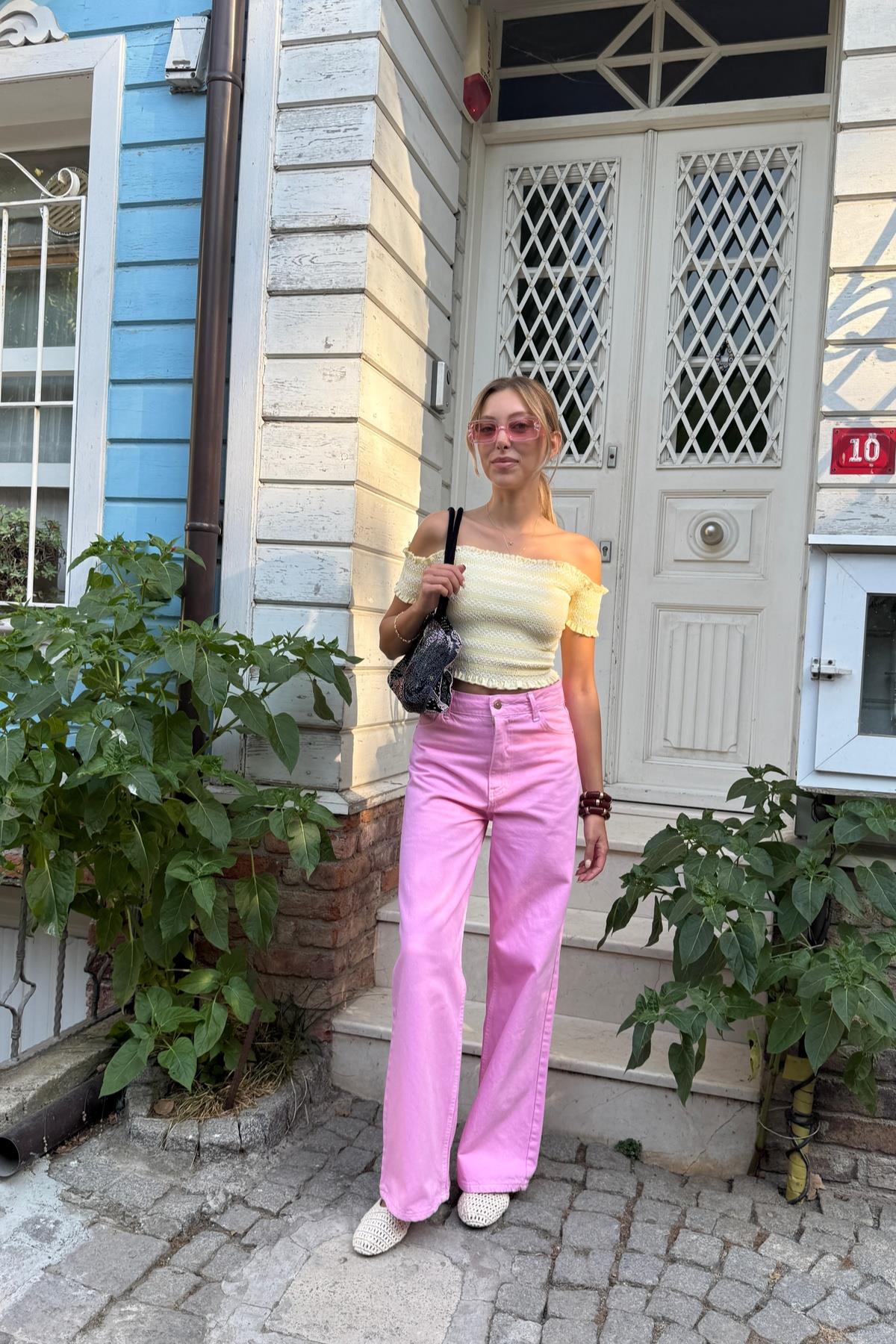 Pembe Mom Pantolon Yüksek Bel Geniş Paça Düğmeli