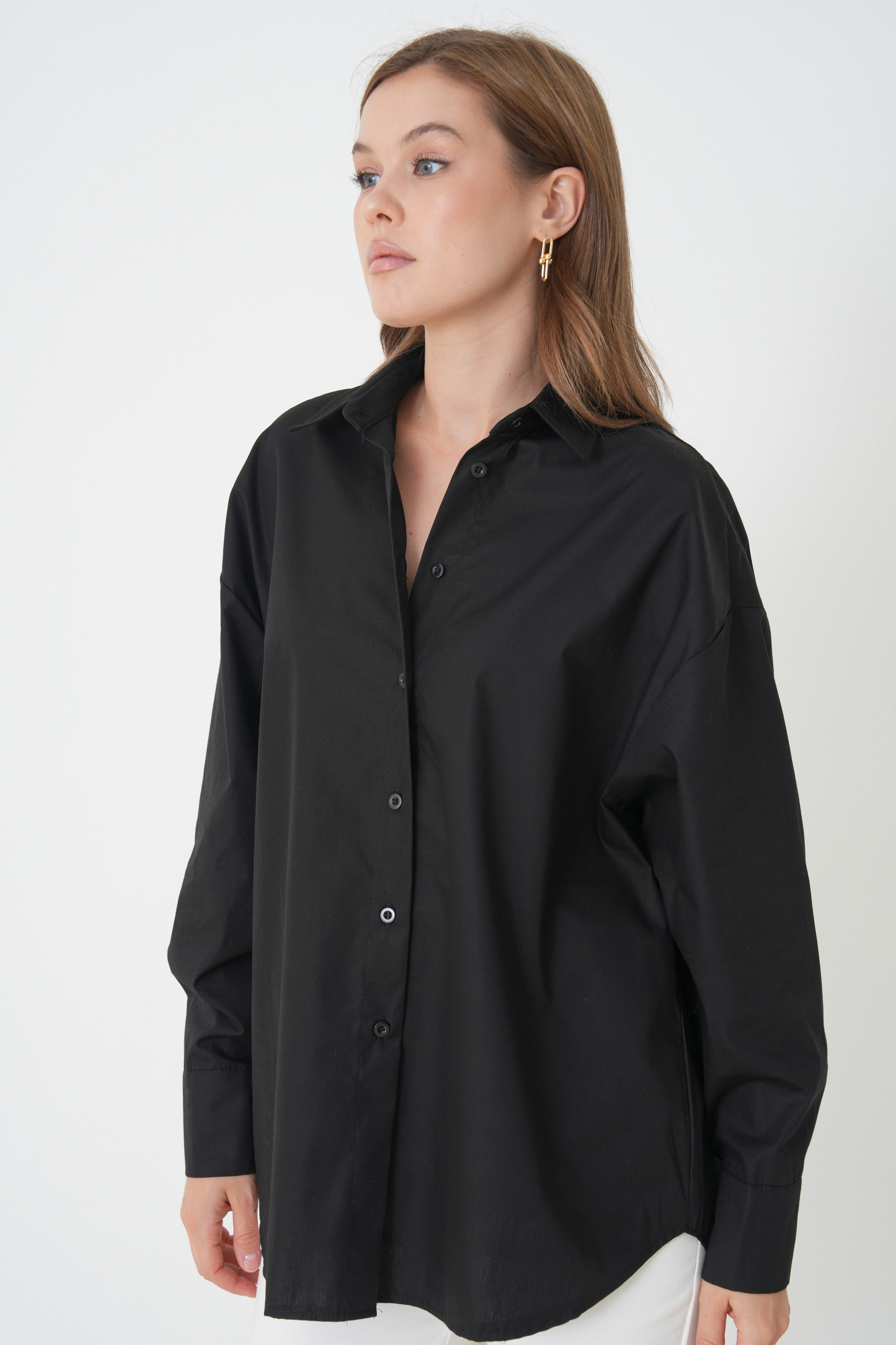 Siyah Oversized Fit Uzun Kollu Gömlek