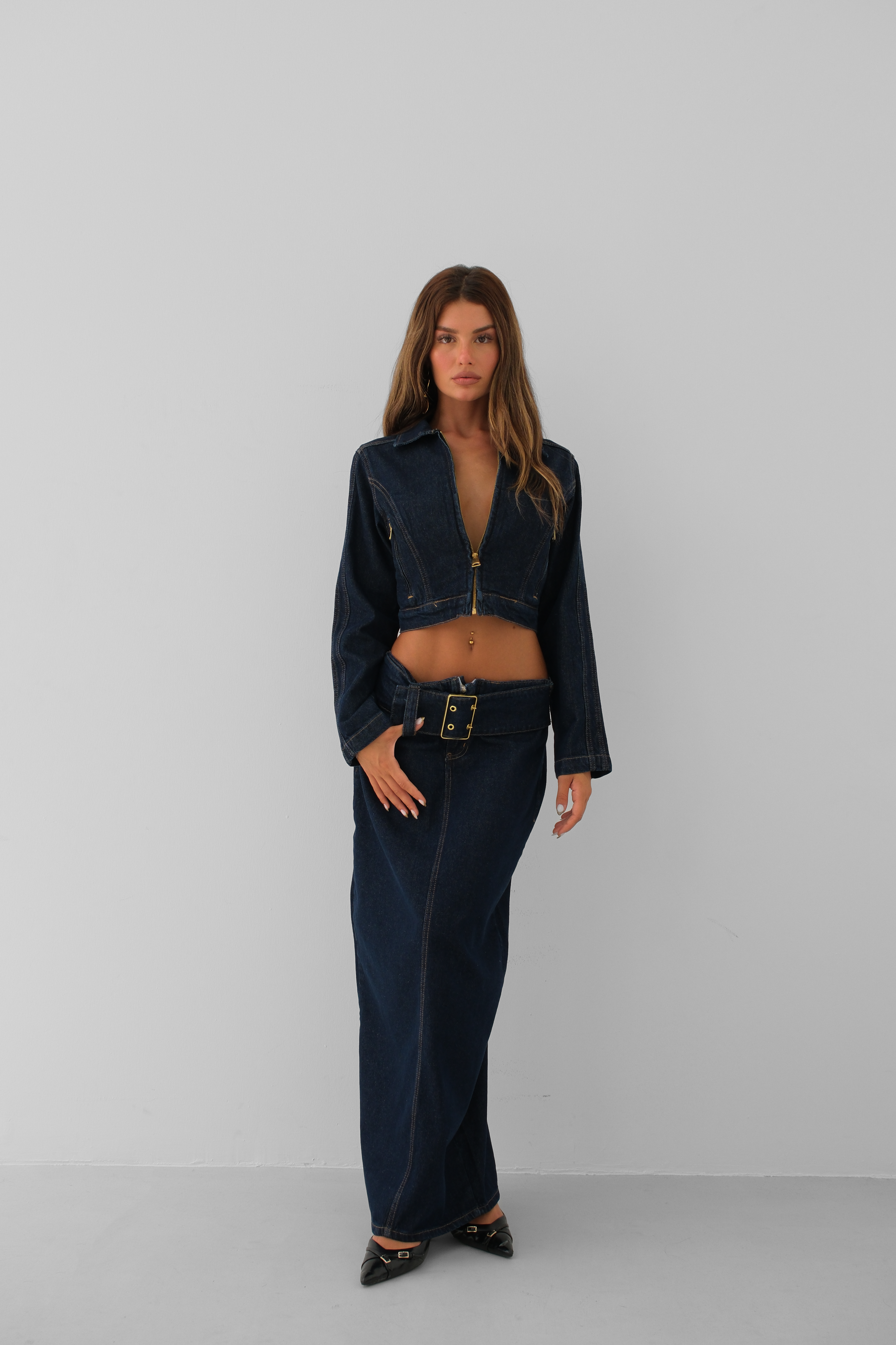 Kemer Detay Maxi Denim Etek - Lacivert