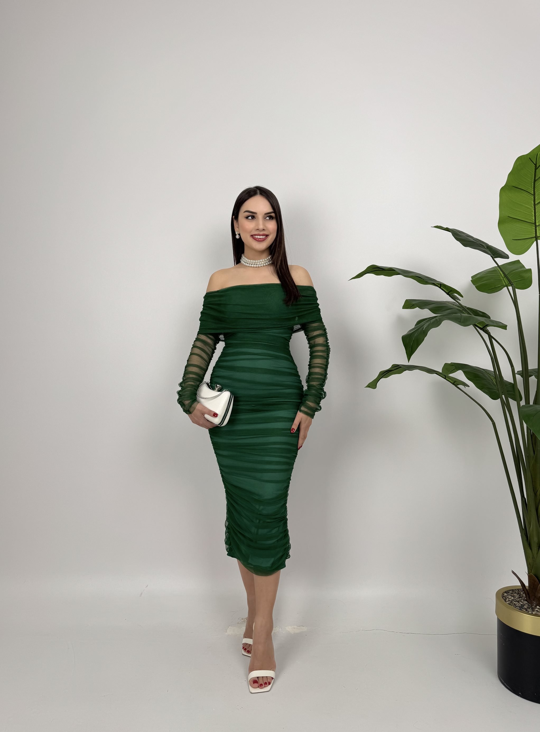 Seksi Zarif Yeşil Bodycon Midi Omzu Açık Elbise