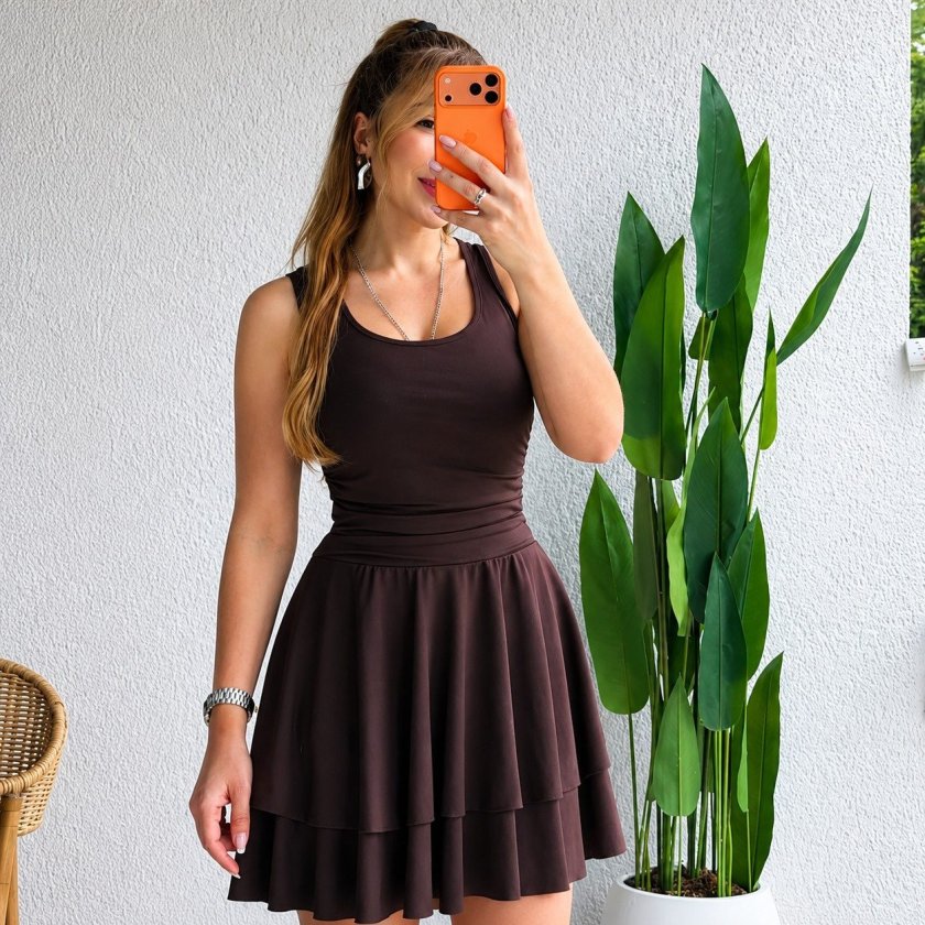 Kahverengi Fit & Flare Mini Elbise