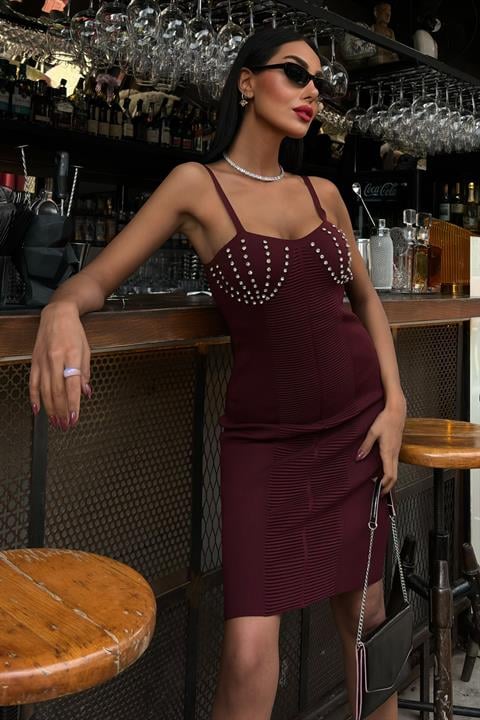 Belina Taş Detaylıı Mini Elbise - Bordo