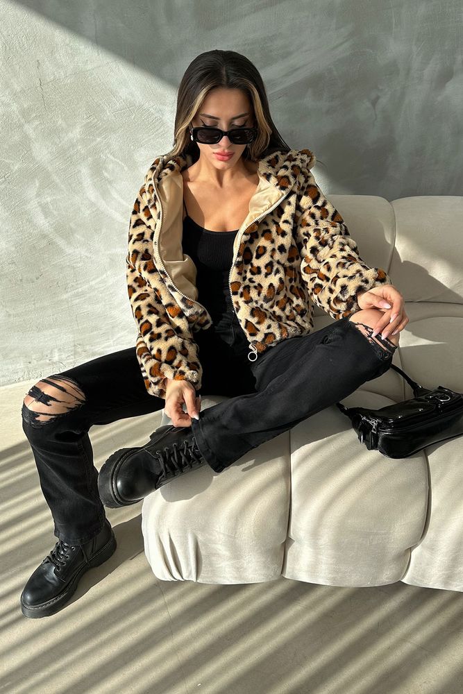 Leopar Bakılı Peluş Mont - Koyu Taş & Kahve