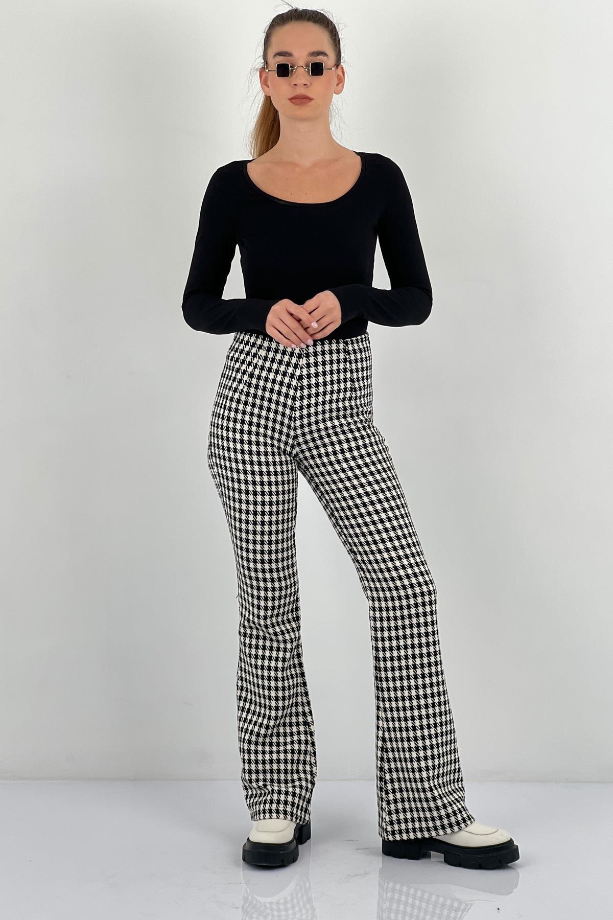 Siyah Kazayağı Desenli Retro Mom Pantolon