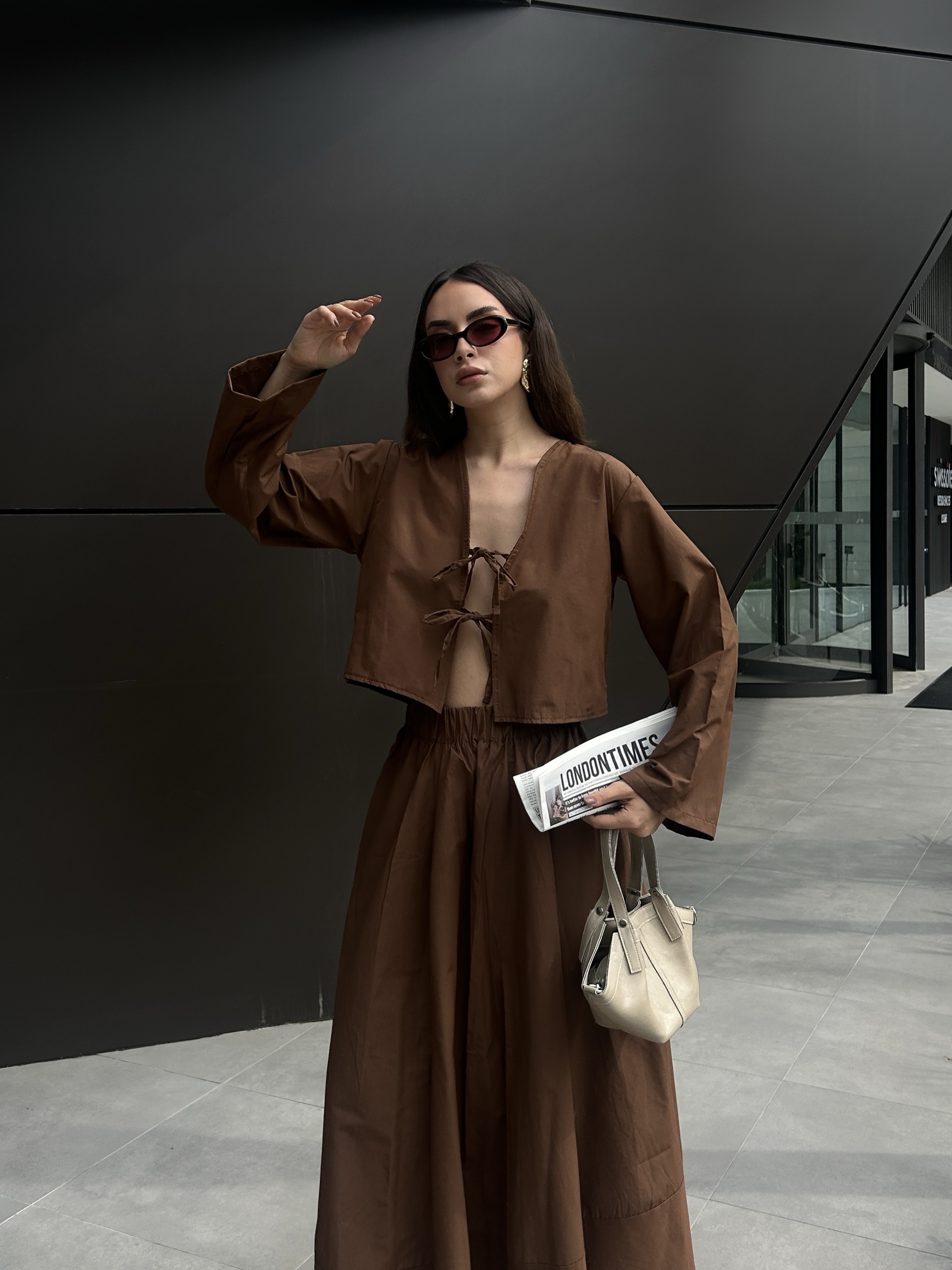 Kahve Poplin Önden Bağlamalı Bluz 29085