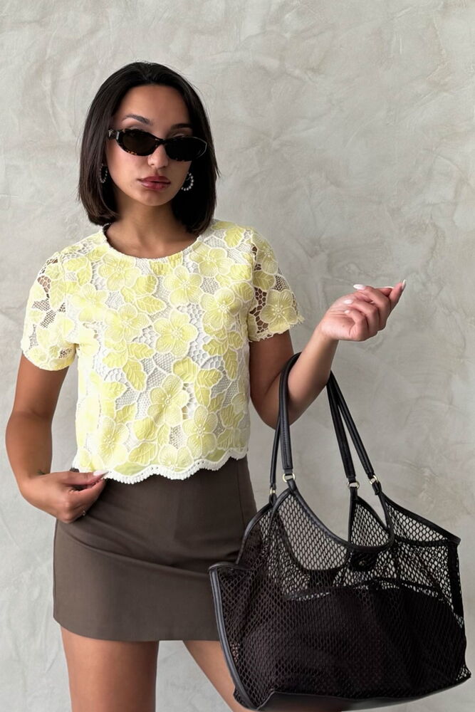 Sarı Çiçekli Gündelik Crop Bluz
