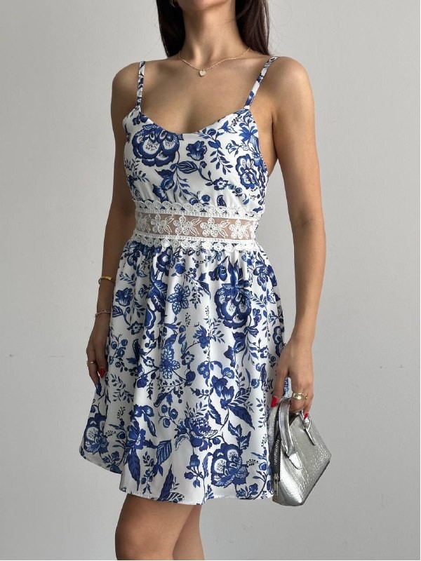 Mavi Fit & Flare Mini Elbise Kalp Yaka İle