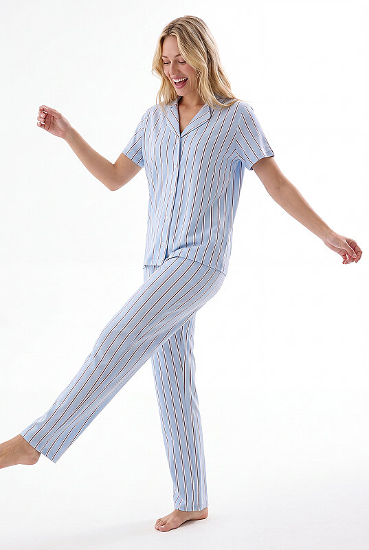 Mavi Kahverengi Çizgili Önden Düğmeli Pijama Takımı