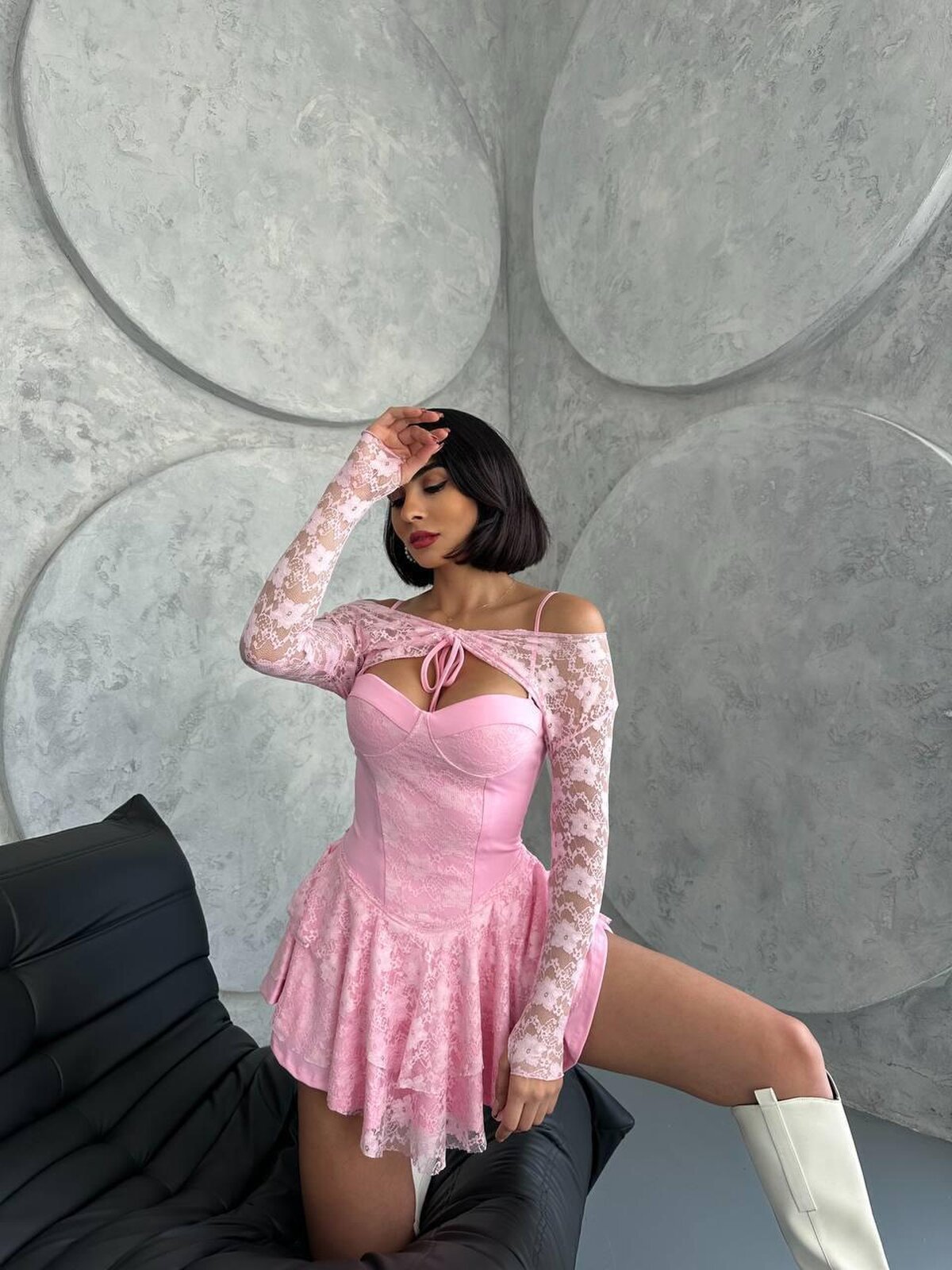 Pembe Seksi Zarif Işıltılı Resmi Fit & Flare Mini Elbise