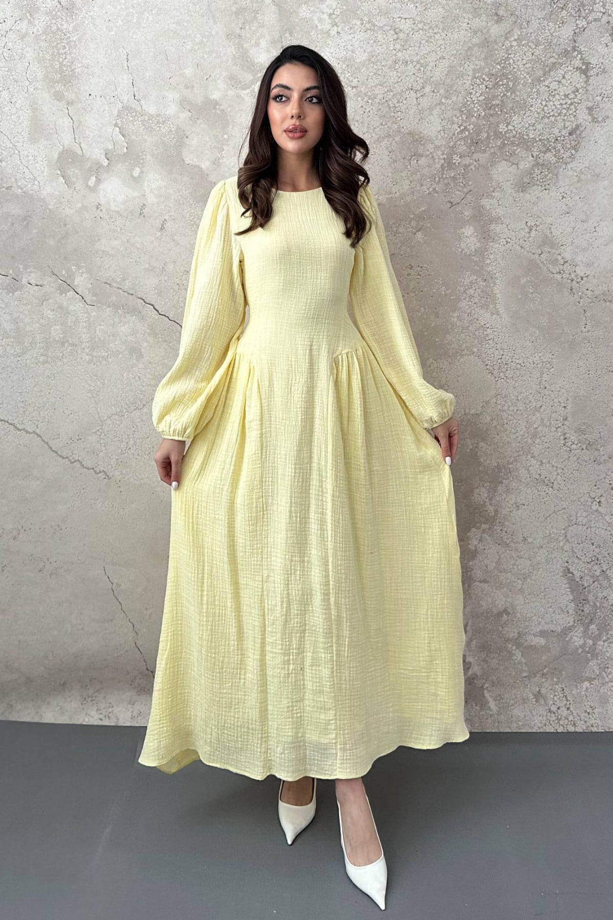 Sarı Tesettür Zarif Fit & Flare Elbise