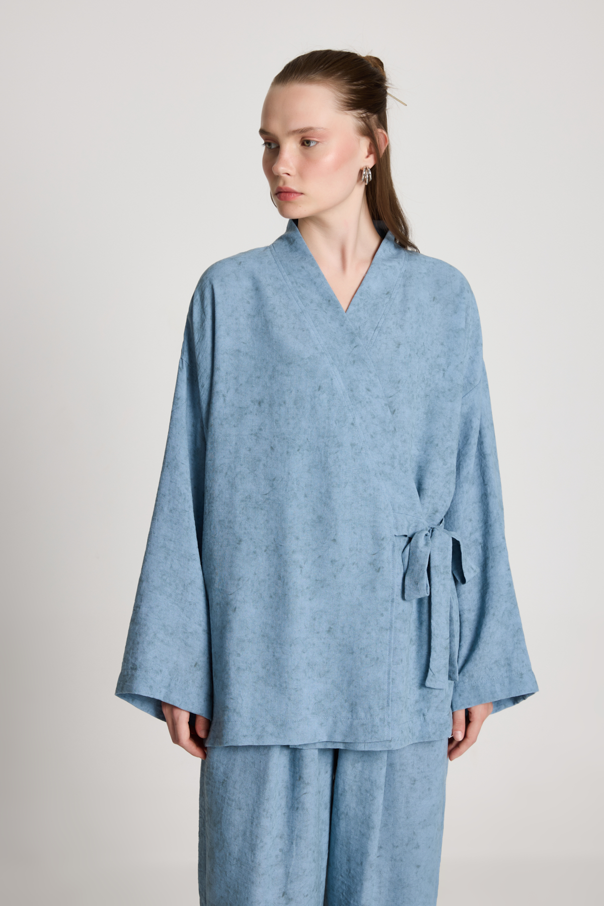 Mavi Etnik Gündelik Kimono Bağlamalı