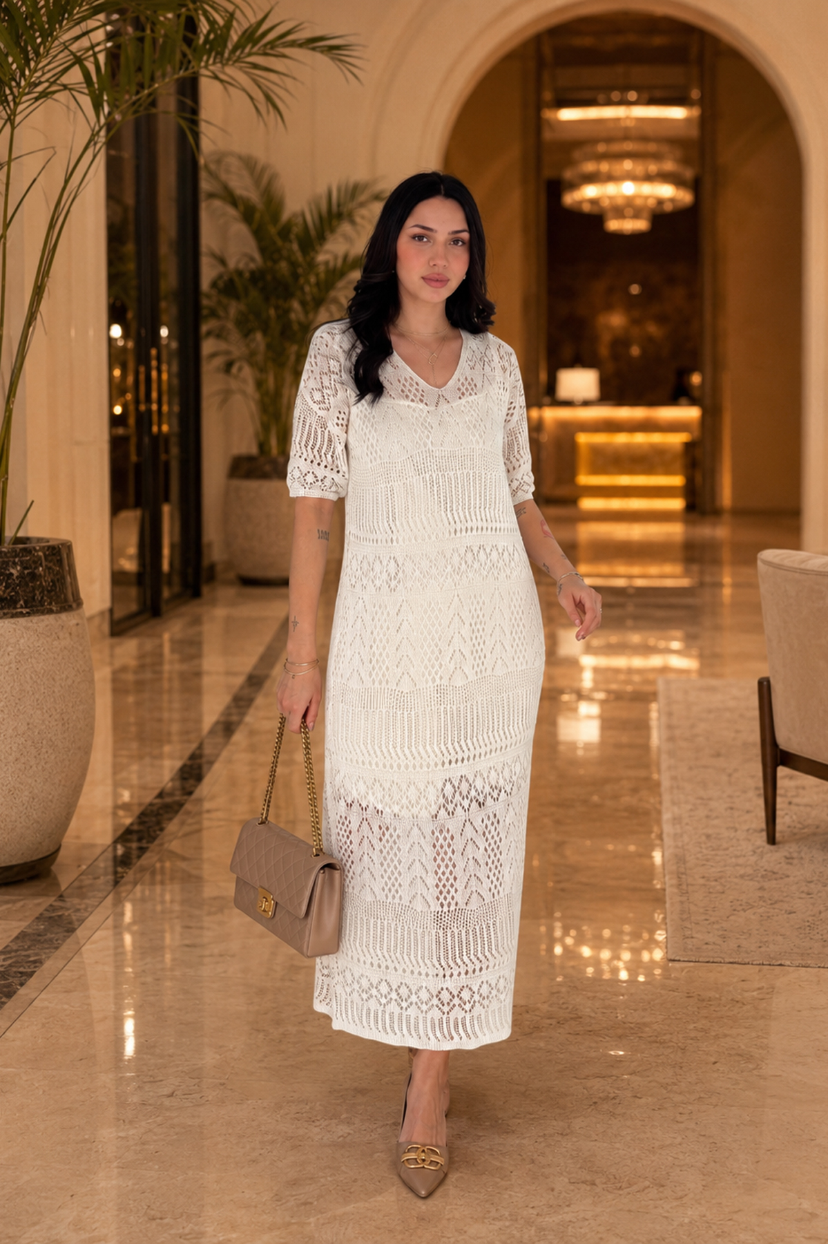 Beyaz Zarif Maxi Slip Elbise V Yaka