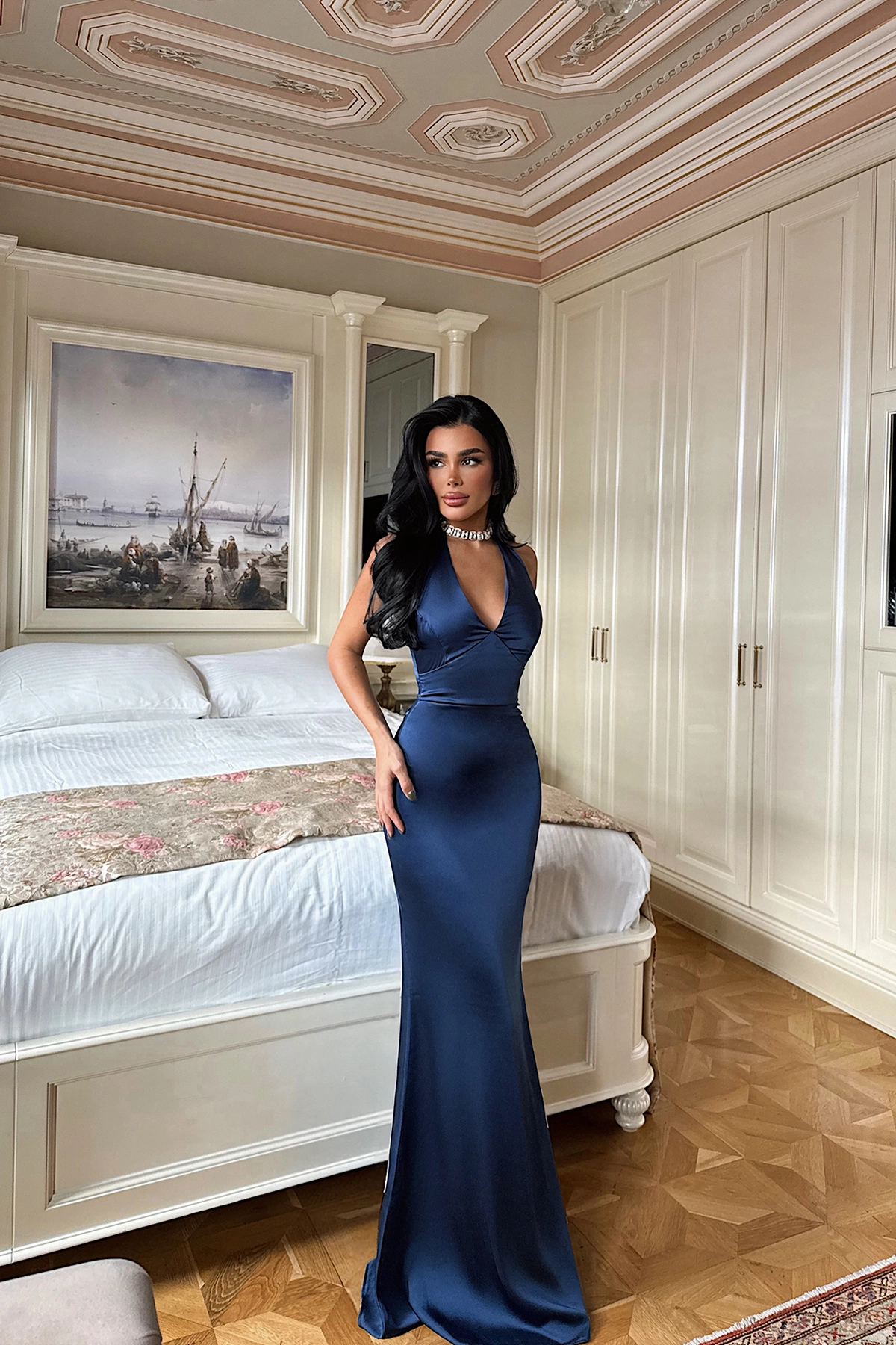 Seksi Zarif Lacivert Fit & Düz Elbise