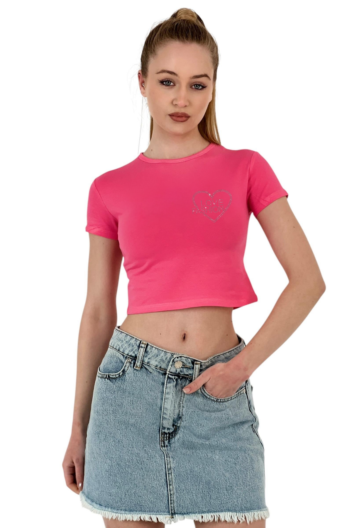 Taş İşlemeli "love Fashion" Kısa Tişört – Pembe & Beyaz