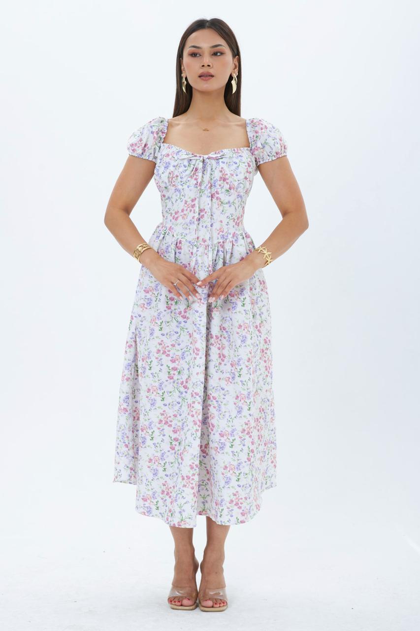 Beyaz Çiçekli Karpuz Kollu Fit & Flare Elbise