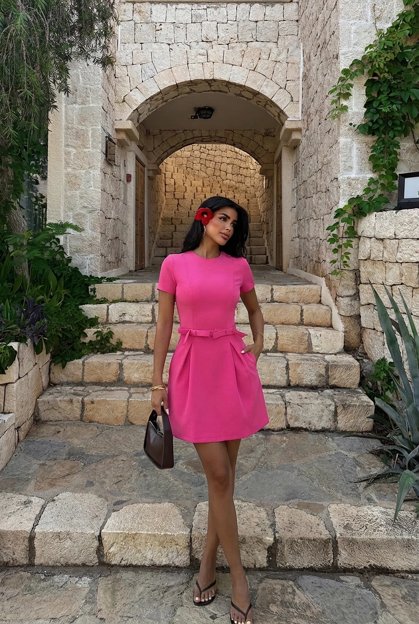 Pembe A Kesim Mini Elbise Kısa Kollu