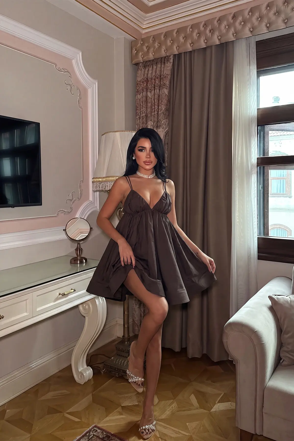 Kahverengi Seksi Zarif Işıltılı Resmi Babydoll Elbise