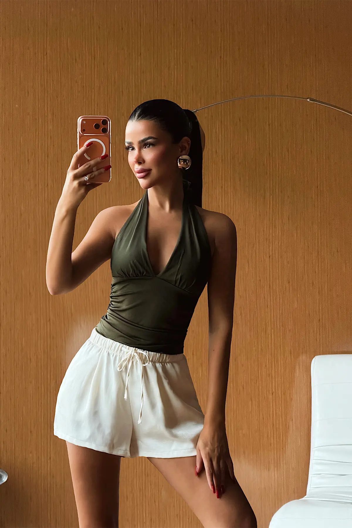 Seksi Yeşil Crop Top Halter Yaka Ve Japone Kol