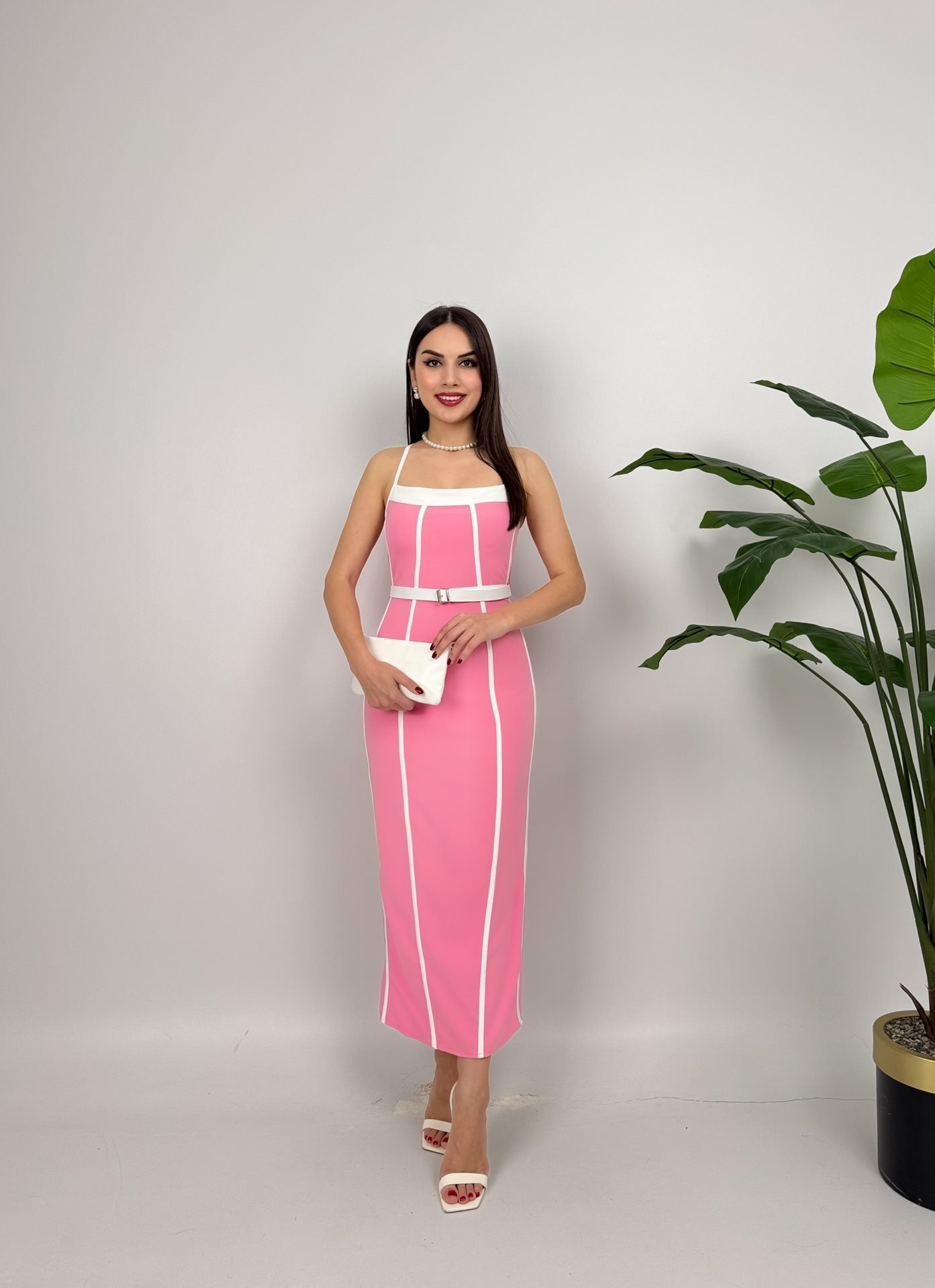 Pembe Zarif Bodycon Midi Elbise Kare Yaka Kolsuz