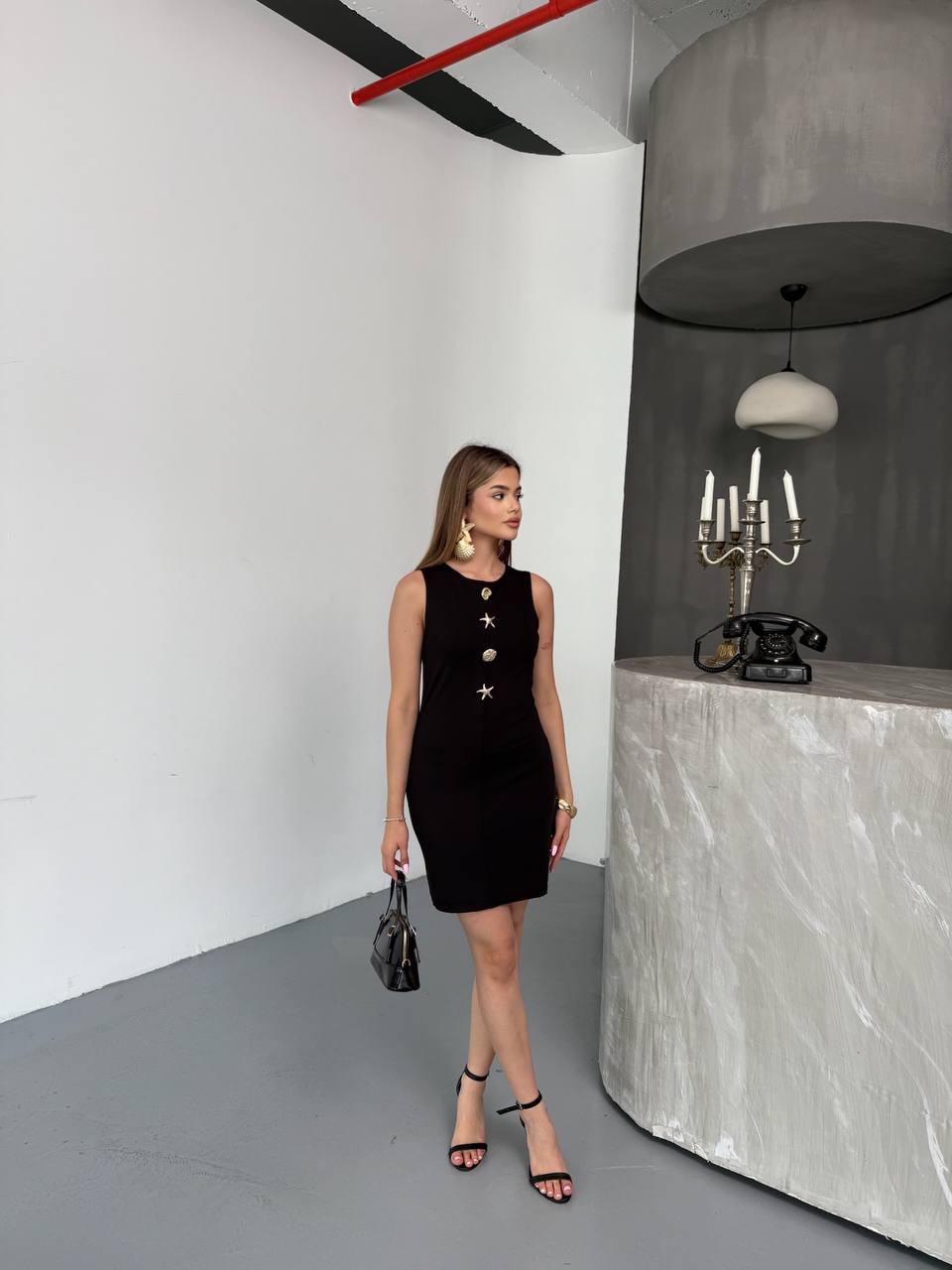 Siyah Mini Fit & Düz Elbise Japone Kol İle