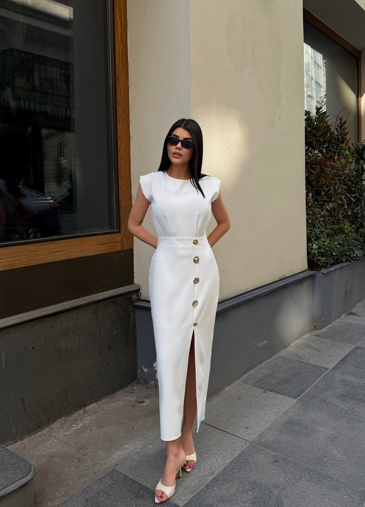 Elegant Beyaz Fit & Düz Elbise Japone Kollu