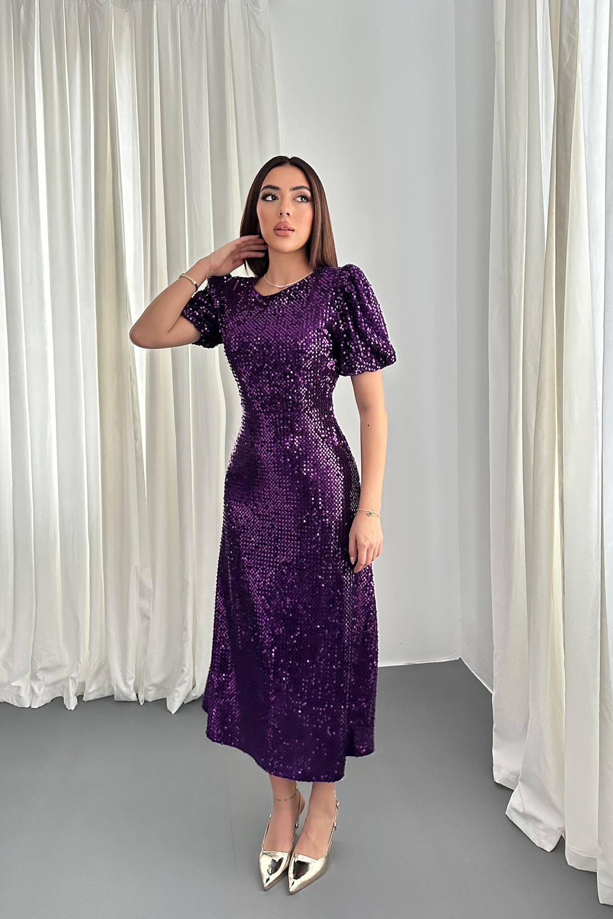 Zarif Mor Fit & Flare Midi Elbise