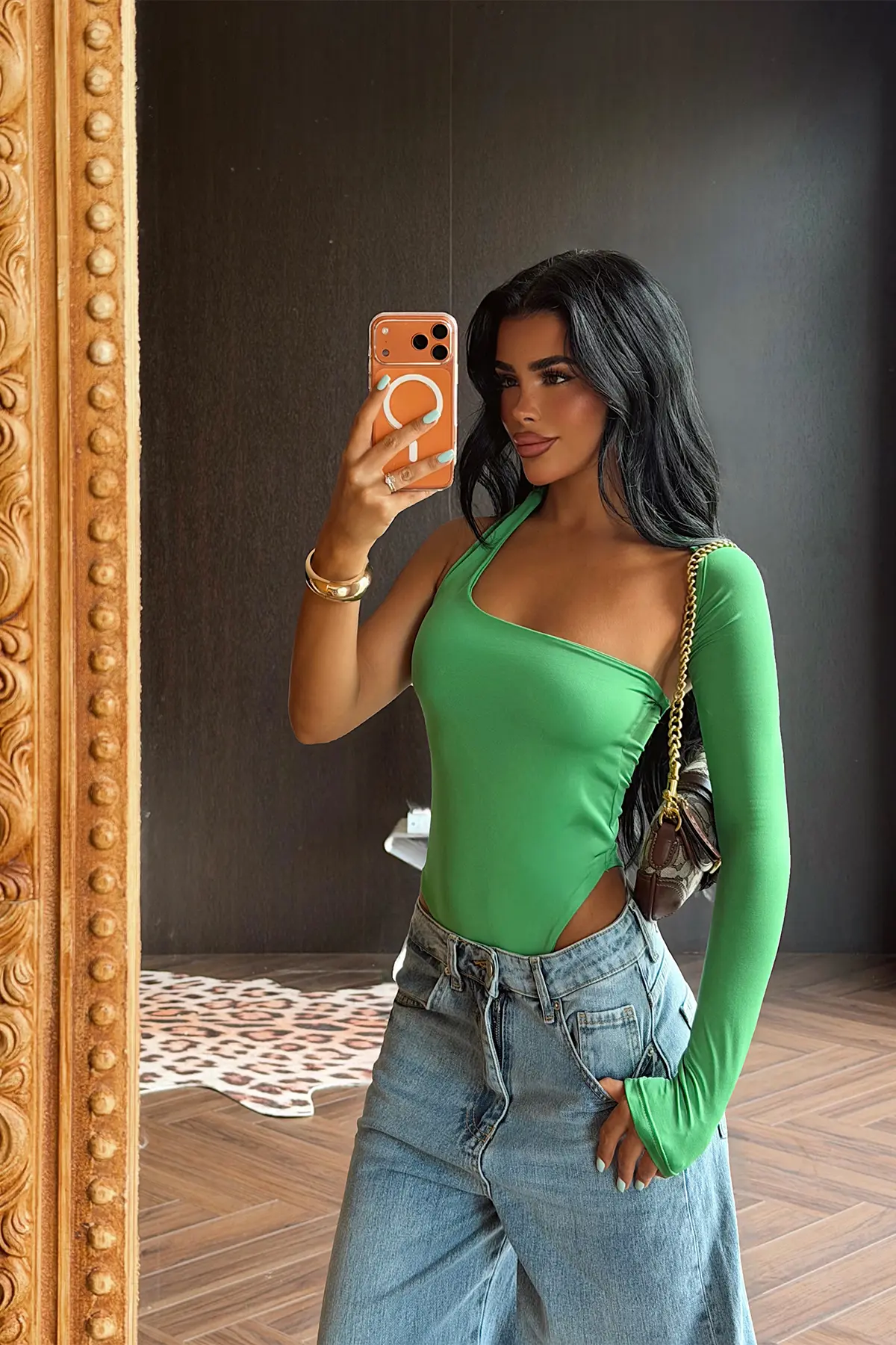 Yeşil Tek Omuz Uzun Kollu Bodysuit
