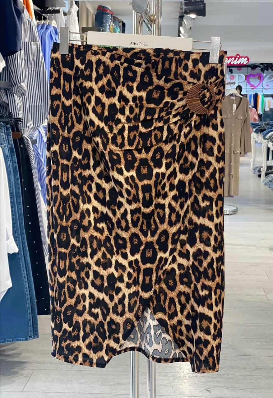 Kahverengi Leopar Desenli Midi Wrap Etek Yüksek Bel