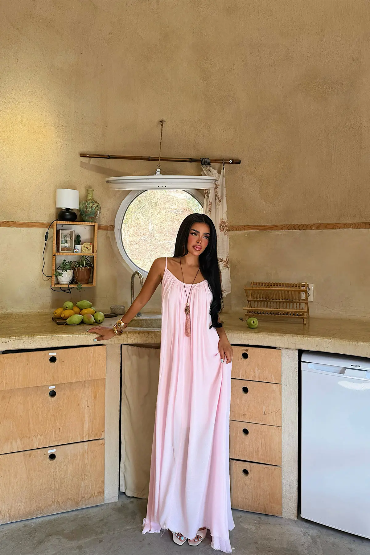 Pembe Boho Slip Elbise Japone Kollu