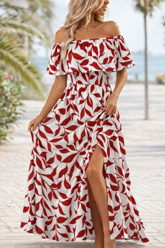 Kırmızı Fit & Flare Maxi Elbise Omuzu Açık Yakalı