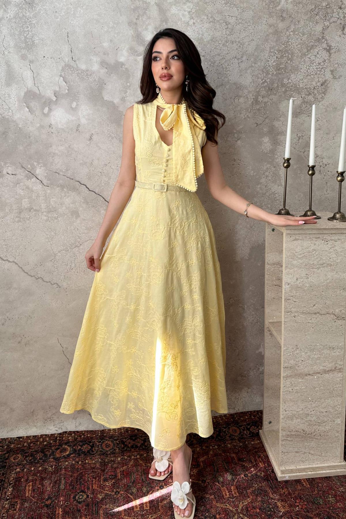 Zarif Sarı Fit And Flare Elbise
