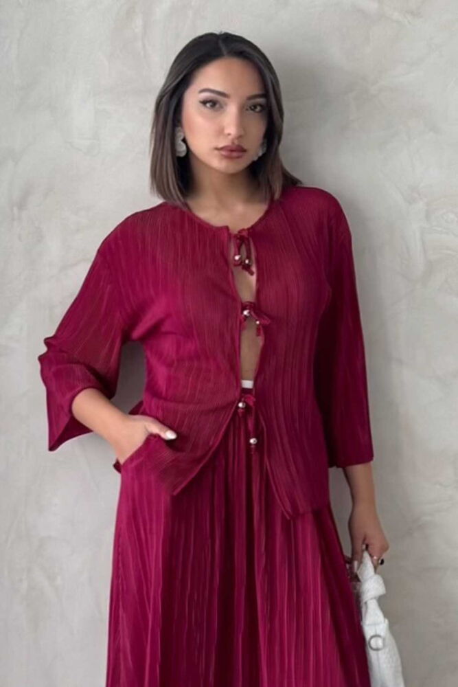 Önden Bağlamalı Plise Ceket - Bordo