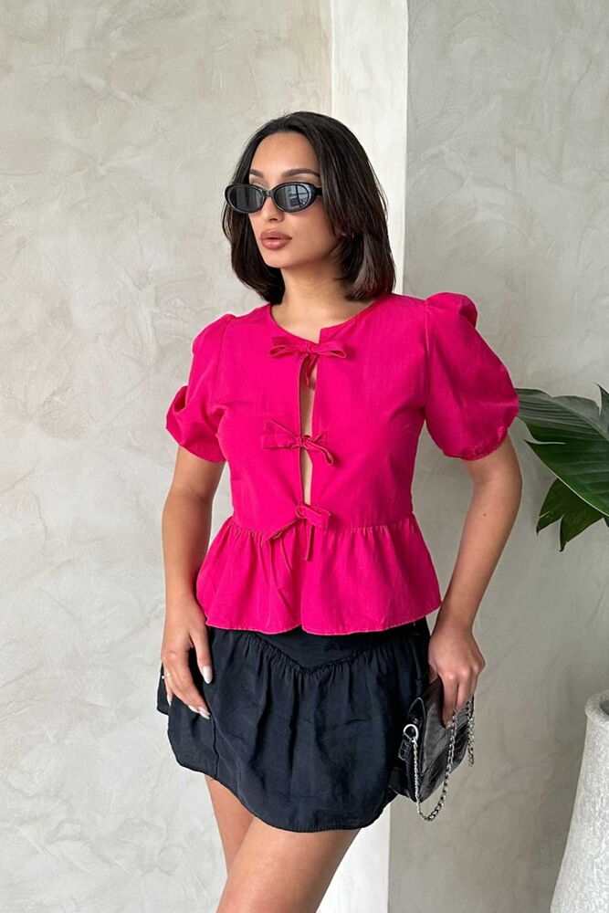 Fuşya Önden Bağlamalı Poplin Toptan Bluz