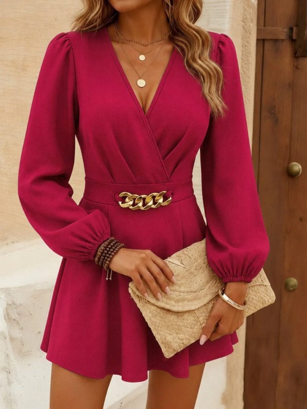 Bordo Fit & Flare Mini Elbise Uzun Düz Kollu Derin Dekolteli