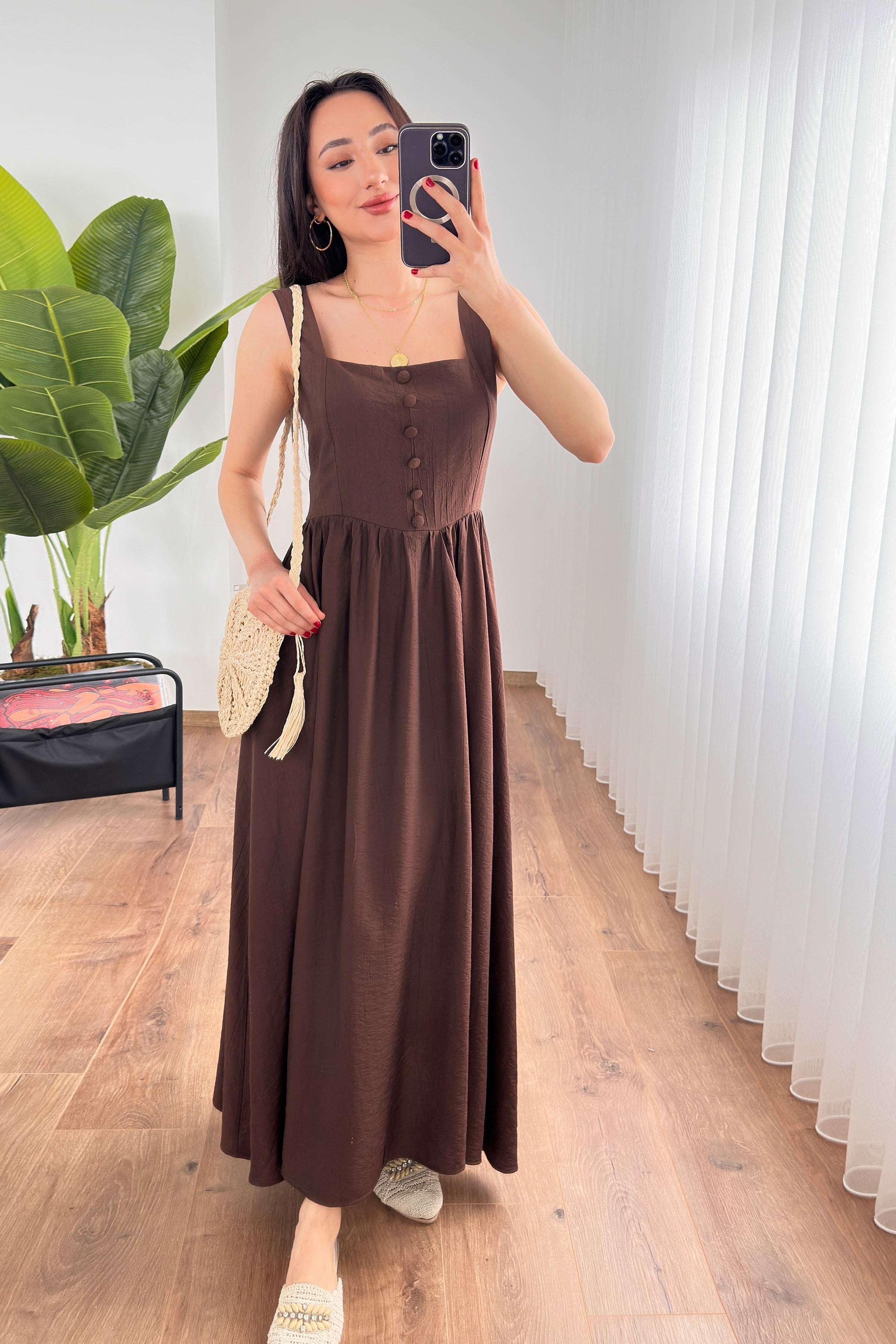 Kahverengi Fit And Flare Kare Yakalı Elbise