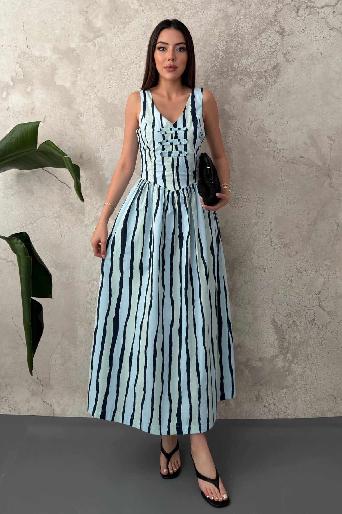Mavi Fit And Flare Maksi Elbise V Yakalı