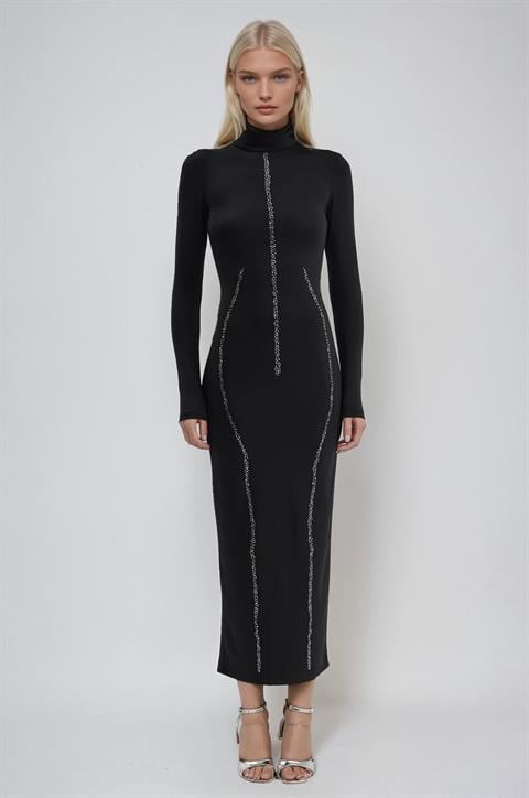 Siyah Şık Bodycon Elbise Boğazlı Midi