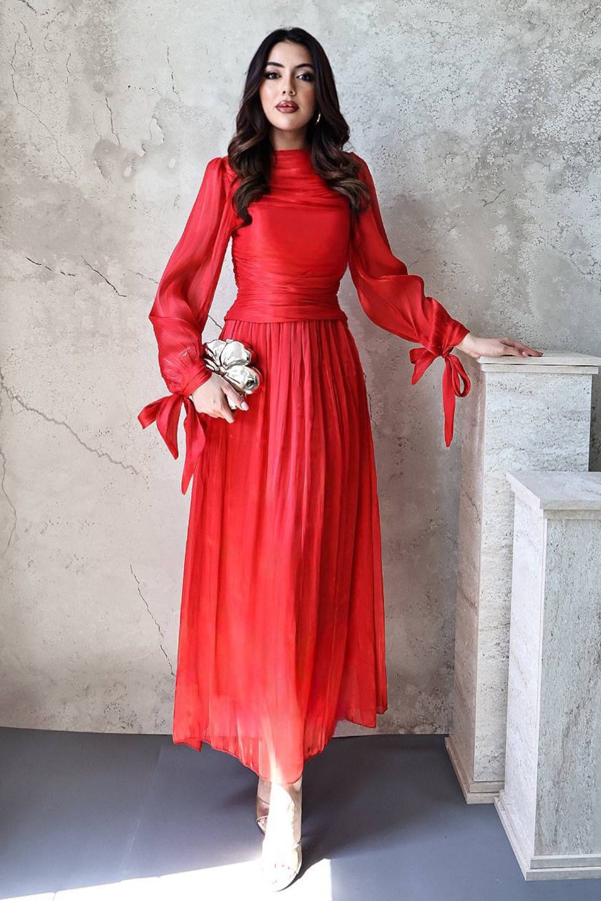 Zarif Kırmızı Fit & Flare Elbise Balıkçı Yakalı