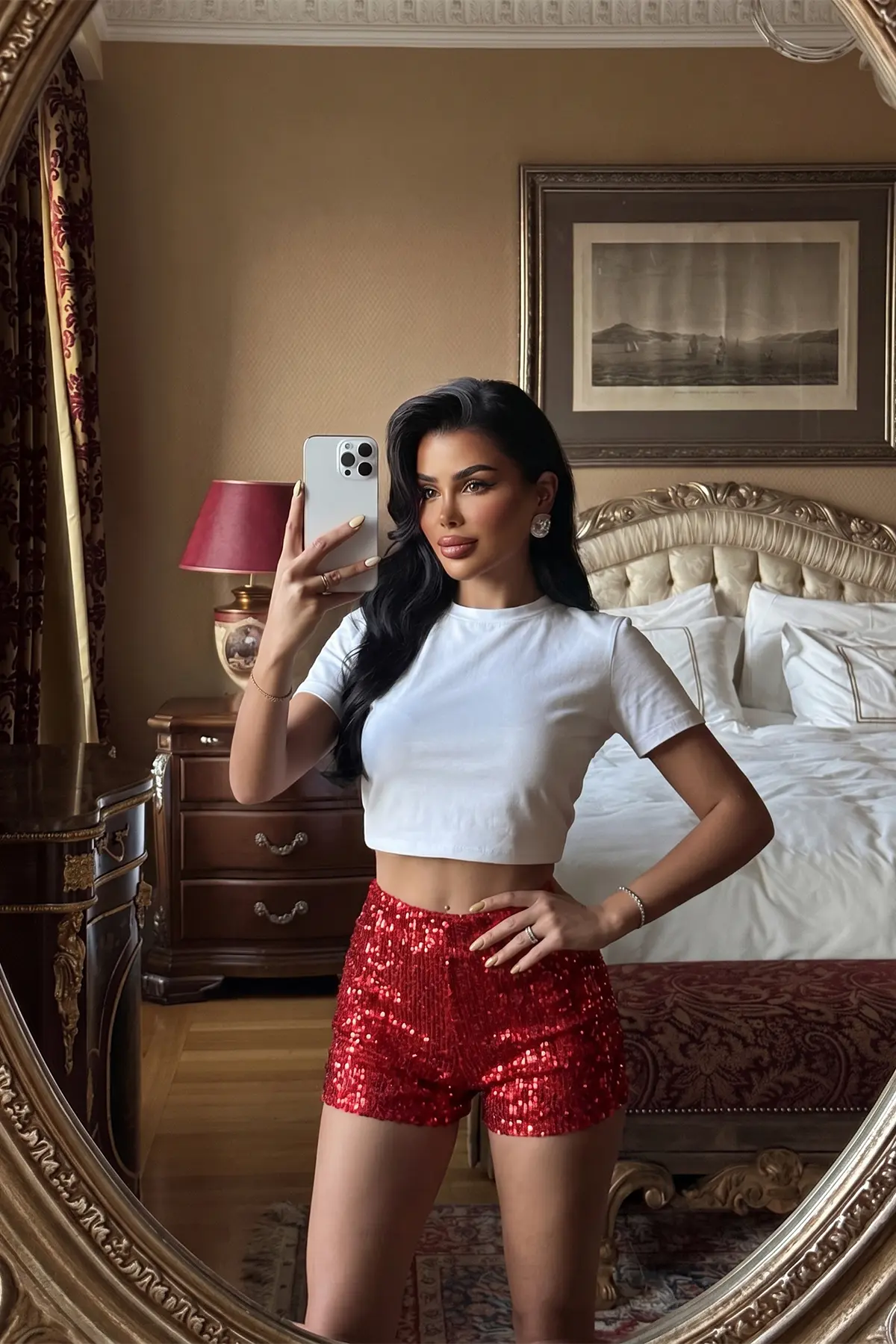 Kırmızı Seksi Işıltılı Payetli Bermuda Şort Yüksek Bel