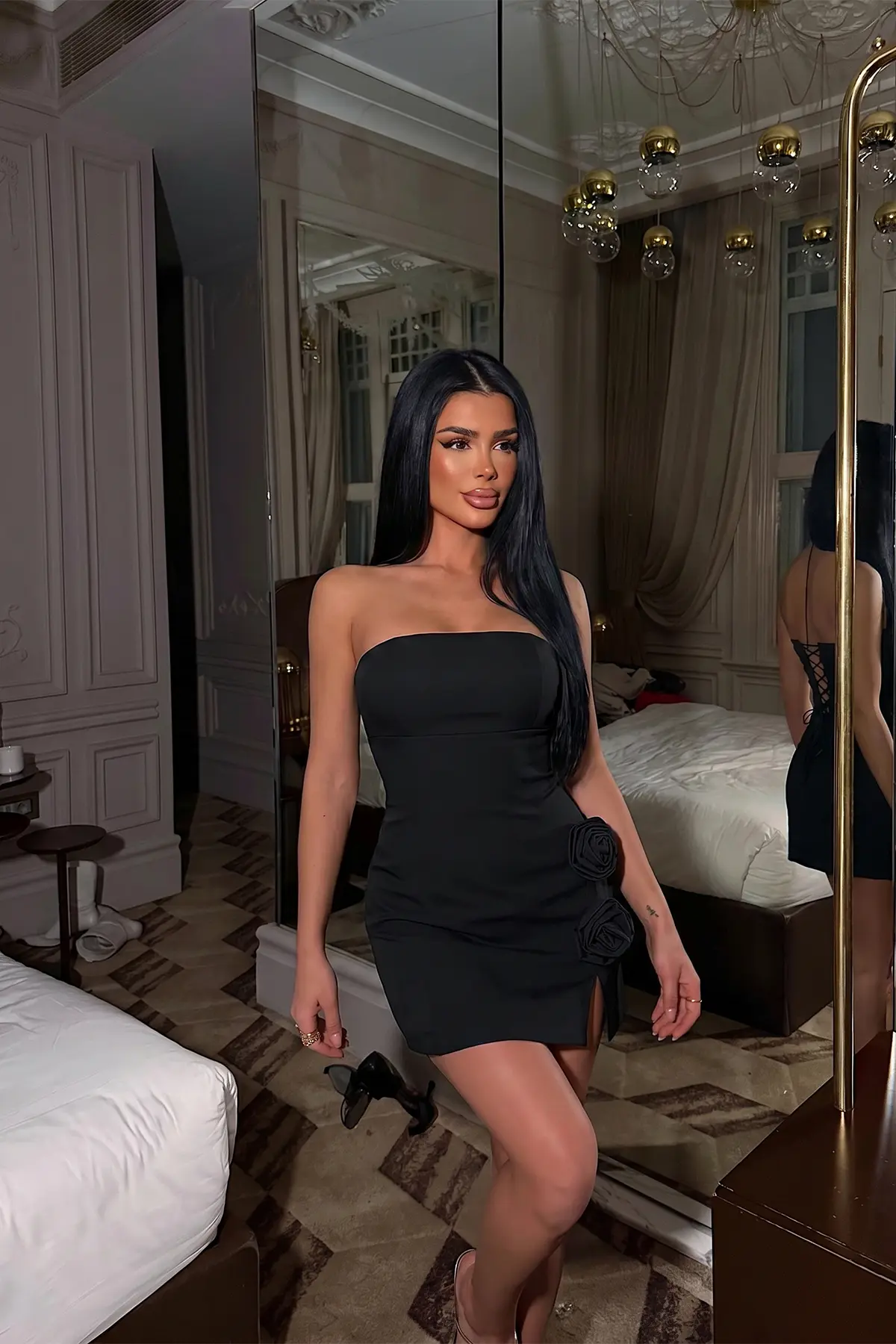 Seksi Zarif Siyah Straplez Bodycon Mini Elbise