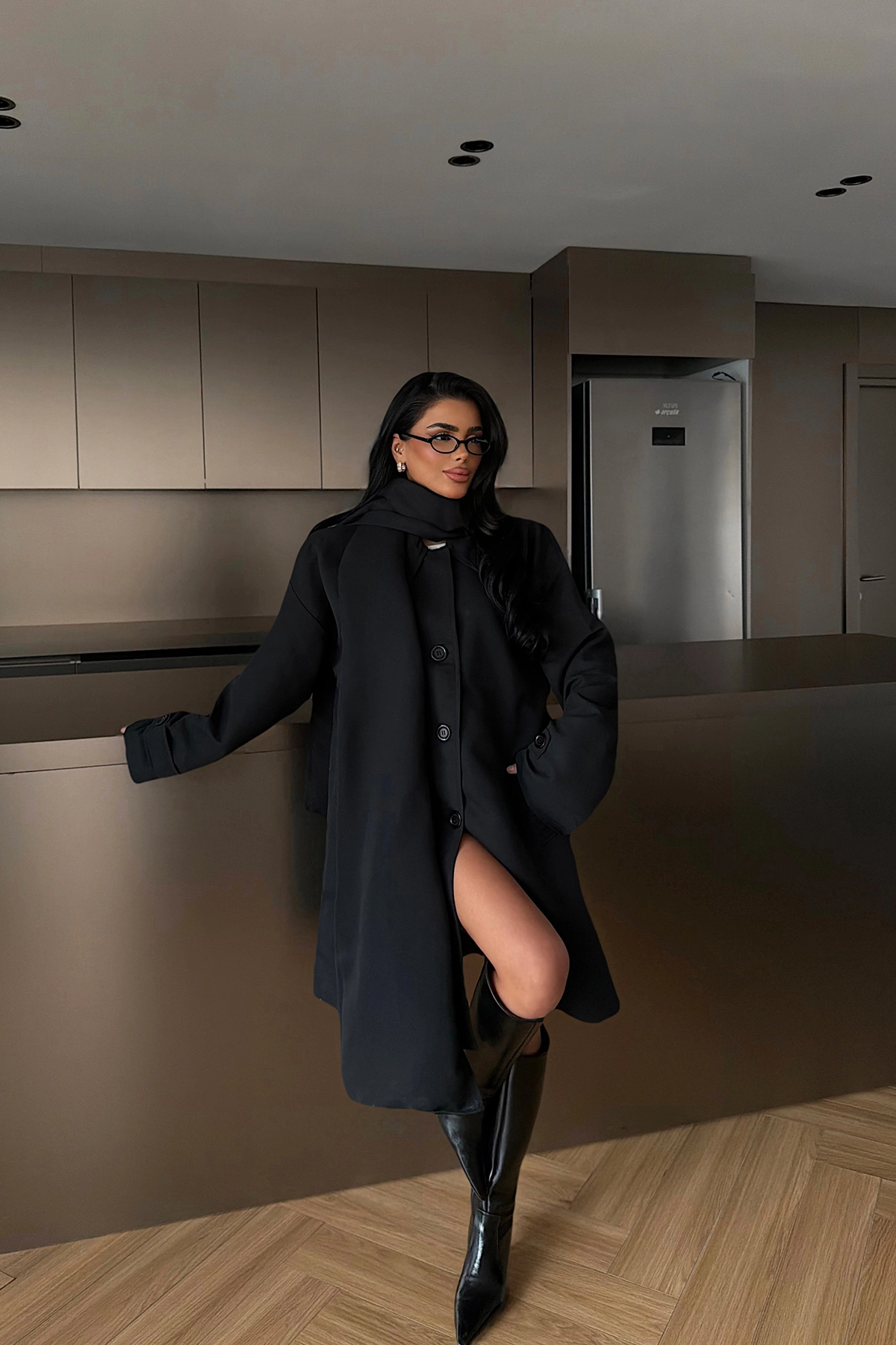 Siyah Trençkot Zarif Resmi Gündelik Seksi Nostaljik Retro