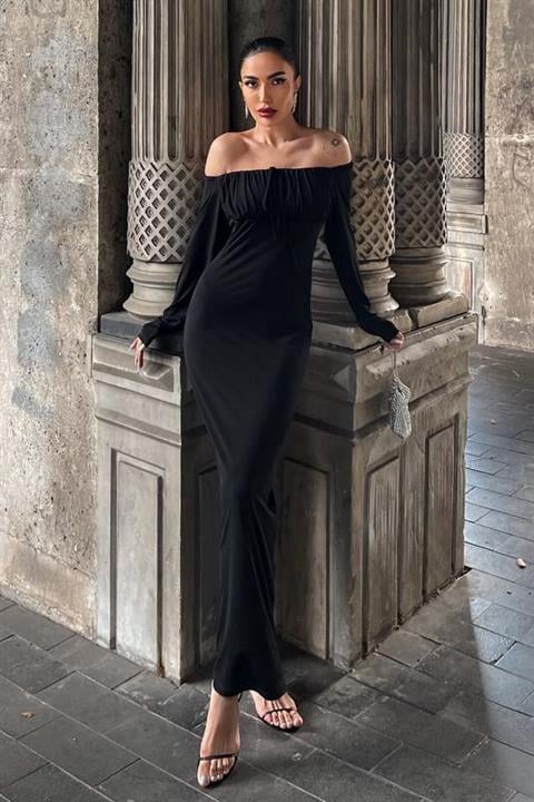 Siyah Zarif Fit & Düz Elbise Omzu Açık Yakalı