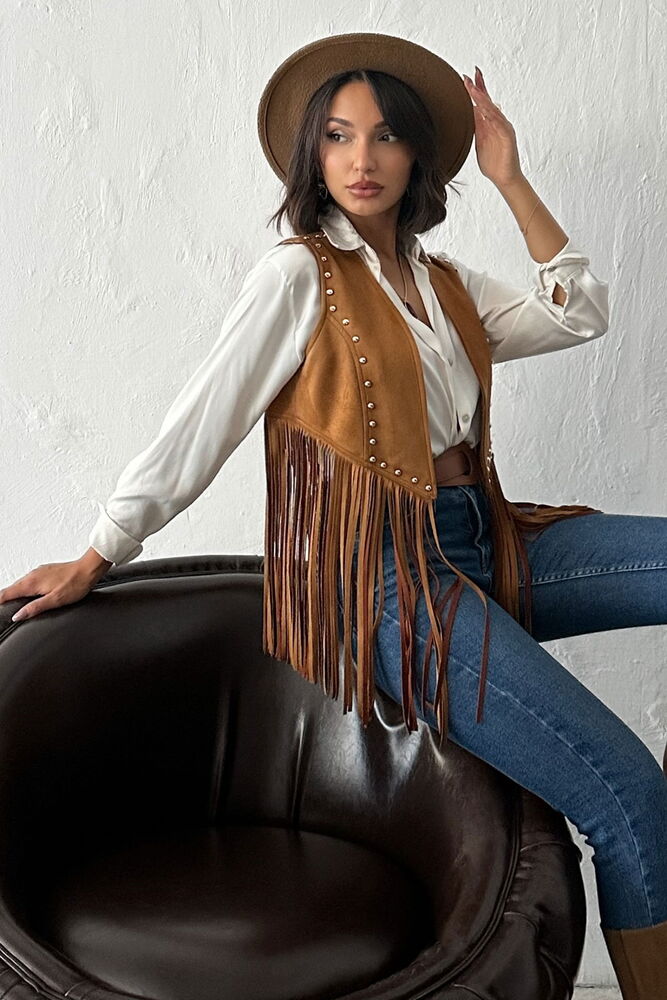 Kahverengi Western Gündelik Boho Yelek