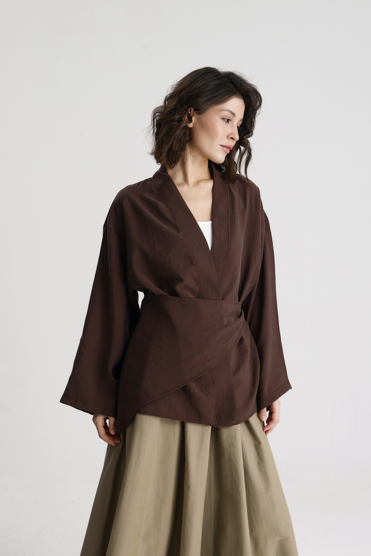 Kahverengi Etnik Kimono  Şal Yaka Ve Bağlamalı Kapanış
