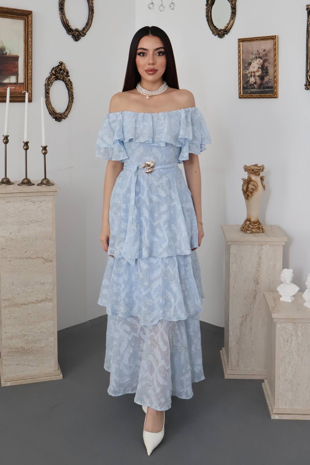 Zarif Mavi Fit & Flare Omzu Açık Elbise
