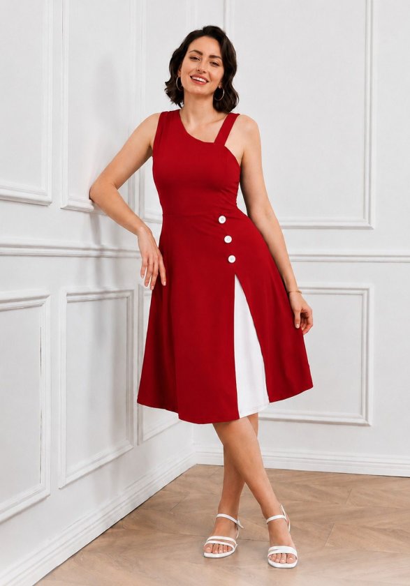 Kırmızı Fit & Flare Elbise Japone Kollu