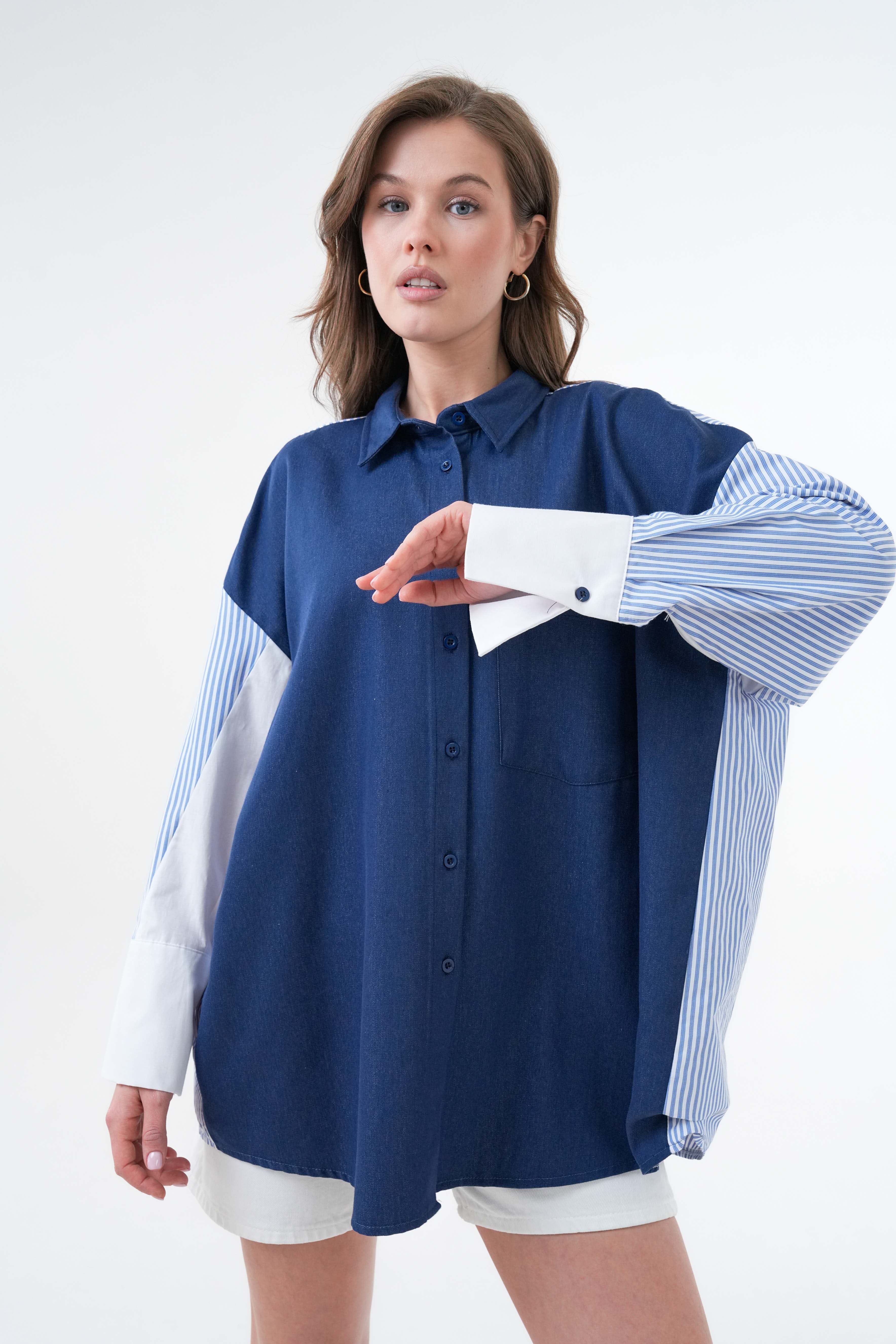 Lacivert Kot Ve Çizgili Kumaş Garnili Oversize Tasarım Gömlek 29068