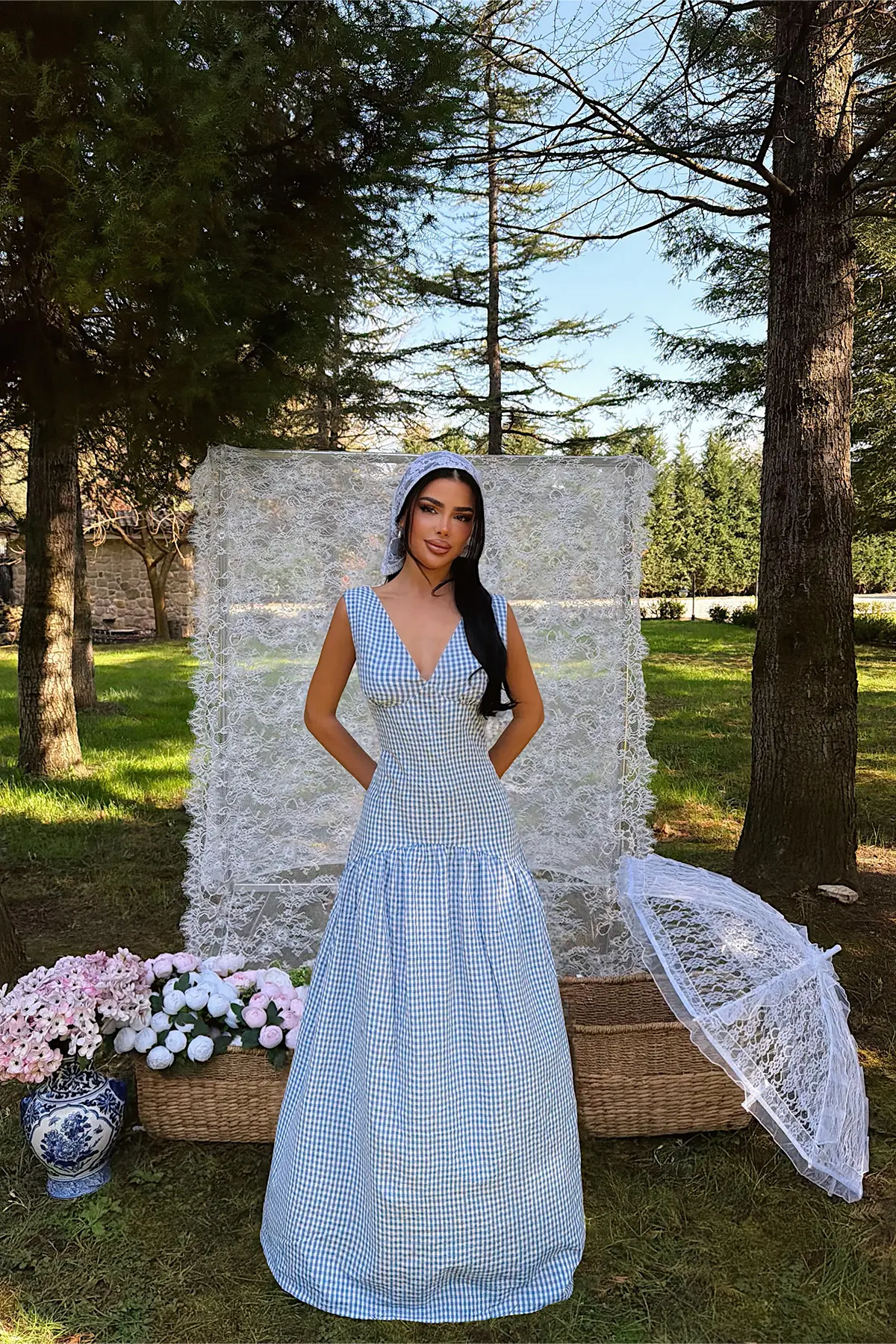 Mavi V Yaka Ve Japon Kol Detaylı Fit & Flare Elbise