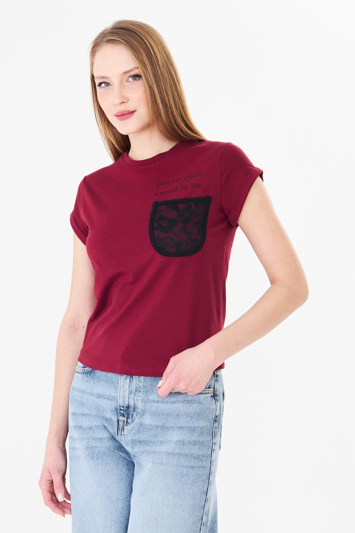 Bordo Tişört Yazı Baskılı - Günlük Sokak Tarzı